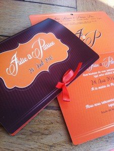 faire part de mariage orange et chocolat coins ronds